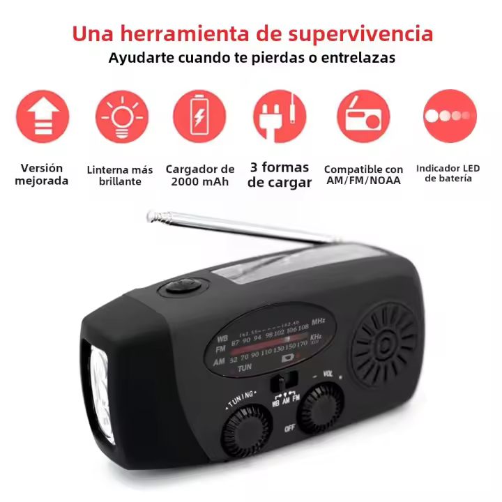 Radio De Emergencia Portátil Con Solar Y Manivela De Crank 10000mAh Con LED Y Cargador USB Luz De Mano Recargable Para Clima NOAA AM FM - 1