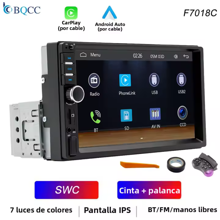 Juguete De Coche BQCC 1Din 7 Pulgadas Pantalla Táctil IPS Con Cableado Carplay Android Auto Luz LED De 7 Colores Mirrorlink TF FM USB Multimedial Radio Para Vehículo Universal - 1