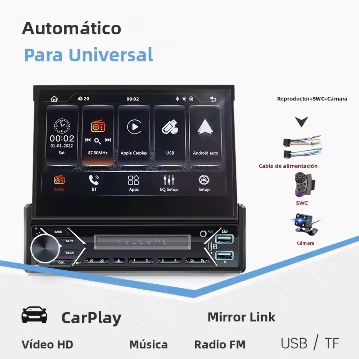 MEKEDE 1 Din Car Radio Multimedia Player Universal Con Audio Video CarPlay Android 7 Pulgadas Pantalla Retráctil IPS Touch Screen - 1