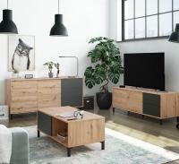 Meimon Mueble TV BROOKLYN 130x41x47 cm, con 2 puertas y 2 cajones, melamina TIPO E1, cantos PVC 0,6 mm, patas ABS negras, apertura “PUSH”, guías metálicas, acabado Roble Nodi y Gris Antracita, peso máx. 40 kg - details 2