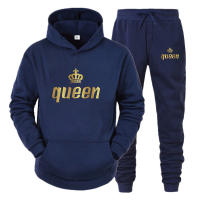 Traje De Dos Piezas Para Pareja Con Capucha Y Mangas Largas Estampado KING Y QUEEN Para Otoño E Invierno Estilo Casual - details 3