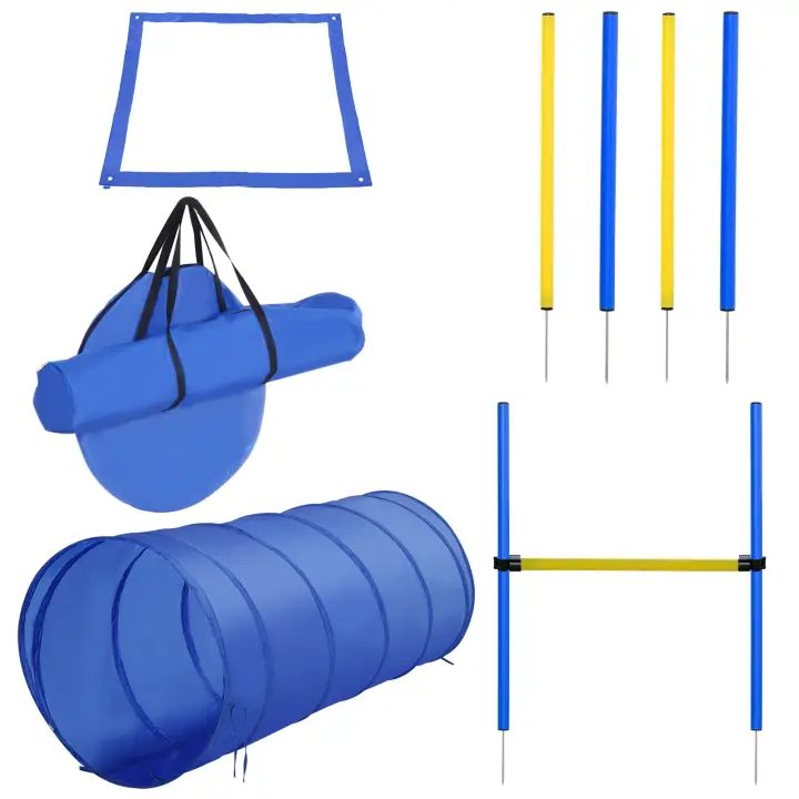 PawHut Set de Entrenamiento de Agilidad para Perros Obstáculos de Salto con Altura Ajustable Túnel para Perros y Bolsa de Transporte Azul y Amarillo - 1