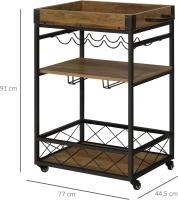 Carro de Cocina Carrito de Servicio Móvil Multiusos con 3 Estantes Bandeja Botellero Soporte Copas y Barra para Comedor 77x44,5x91 cm Madera Rústica - details 2