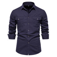 Camisa Militar Estilo Otoño AIOPESON 2023 Para Hombres Algodón 100% Con Bolsillos Color Sólido Slim Casual Manga Larga - details 1