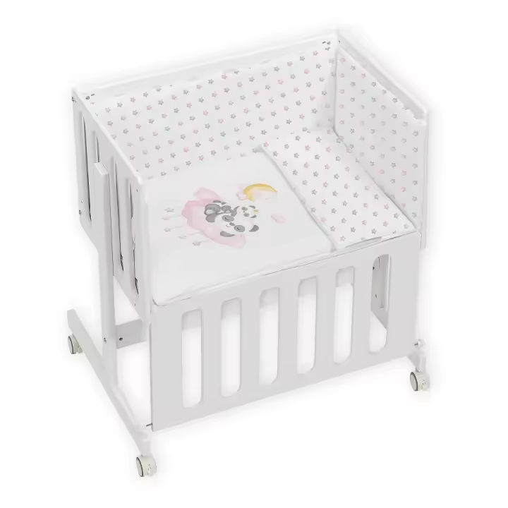BERÇO COLECHO EM BRANCO-FAIA+LENÇOIS+VESTIMENTA+COLCHÃO -MOD. PANDA NUBE - ROSA - 1