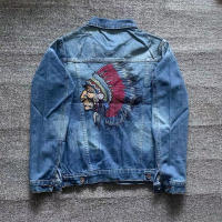 Chaqueta De Denim Bordada Indian Chief Para Hombres Retro Azul Ropa De Calle Estilo Slim Ropa De Motocicleta Casual Para Primavera Y Otoño Tallas M a 3XL - details 4