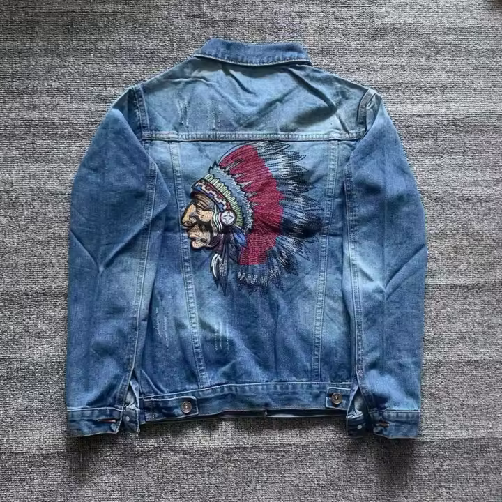Chaqueta De Denim Bordada Indian Chief Para Hombres Retro Azul Ropa De Calle Estilo Slim Ropa De Motocicleta Casual Para Primavera Y Otoño Tallas M a 3XL - 1
