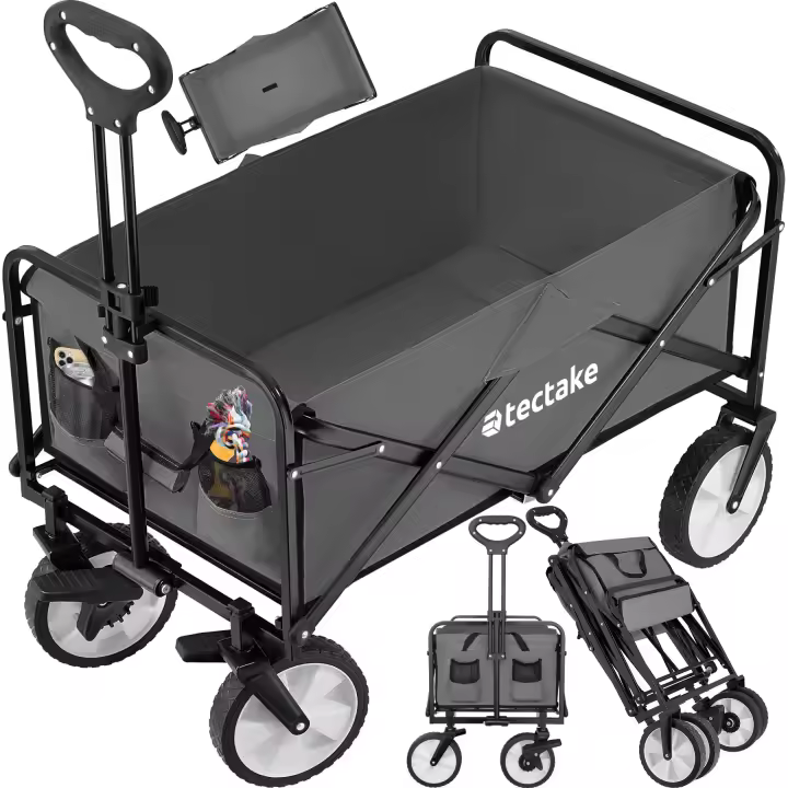 Tectake - Carrito de mano plegable León con freno, capacidad de carga 80 kg  Uso versátil  Con dos bolsillos de rejilla en la cara exterior  Estable estructura de acero con un práctico clip de sujeción para el asa telescópica - 1