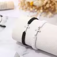 Pareja De Pulseras Cruzadas De Acero Inoxidable Ajustable En Blanco Y Negro Regalos Para Parejas Pulseras Tejidas De Algodón - details 2