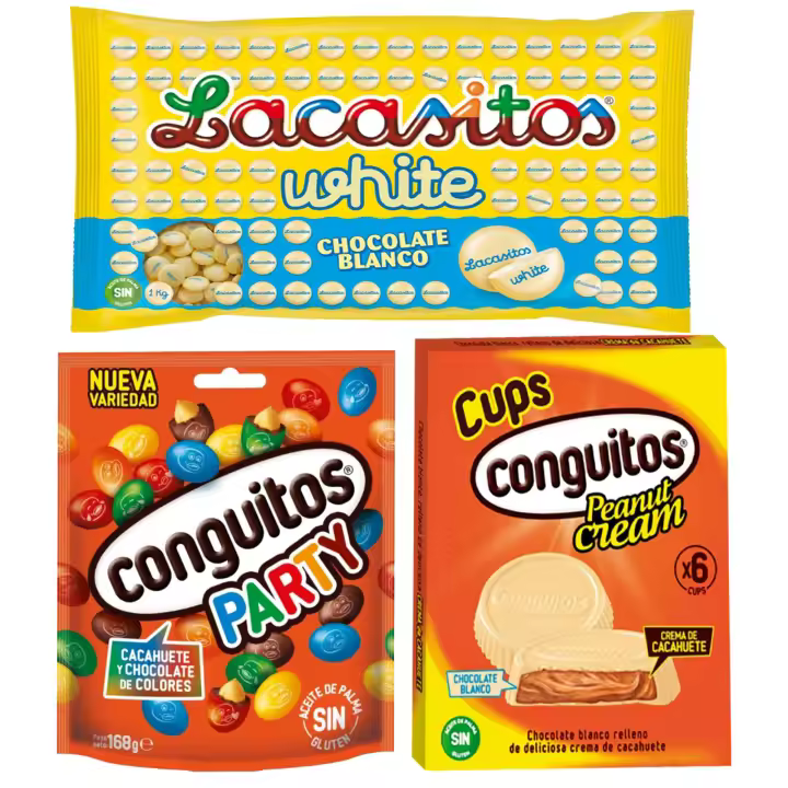 Pack Conguitos cups blanco pack 3x34g,party doypack 168g,Lacasitos white bolsa 1kg - 1