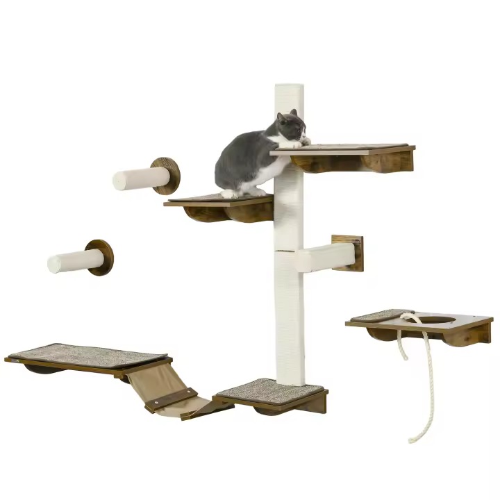 PawHut Juego de muro de escalada para gatos, muebles para gatos de 8 piezas con rascadores, perchas, tabla rascadora, escaleras para gatos, sisal, marrón - 1