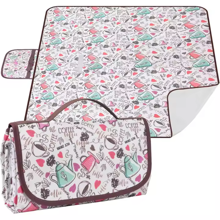 Manta de picnic impermeable de 200x200 cm, Manta Grande de camping, plegable, con ASA portátil para Playa, barbacoa, picnic, senderismo, Viajes y camping. Patrón de café. - 1
