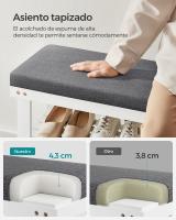 Banco zapatero de bambú blanco de 2 niveles, acolchado gris para sentarse, organizador estable para zapatos, soporta hasta 136 kg, ideal para entrada y sala de estar - details 2
