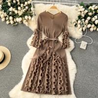 Vestido Elegante De Mujer 2024 Pleated Miyak Primavera Otoño V-Neck Suéter Beaded Exquisito Cinturón A-Line Midi Vintage Polyester - details 22