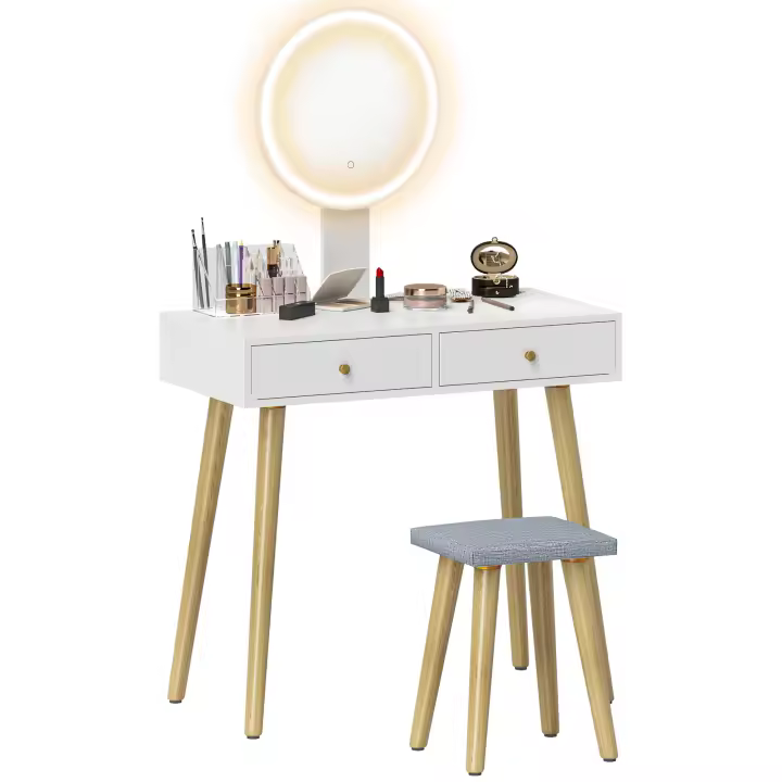 HOMCOM Tocador de Maquillaje con Luz LED y Taburete Mesa de Maquillaje con Espejo Brillo Ajustable 3 Colores 2 Cajones y Organizador Tocador Moderno para Dormitorio 80x43x133 cm Blanco - 1