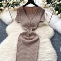 Vestido Bodycon Elegante Para Mujer Vestido Maxi De Verano Con Cuello En V Y Manga Corta Vestido Knit Elasticidad Alta Silueta Ajustada - details 19