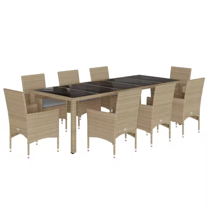 vidaXL Set comedor jardín 9 pzas cojines ratán sintético vidrio beige - 1