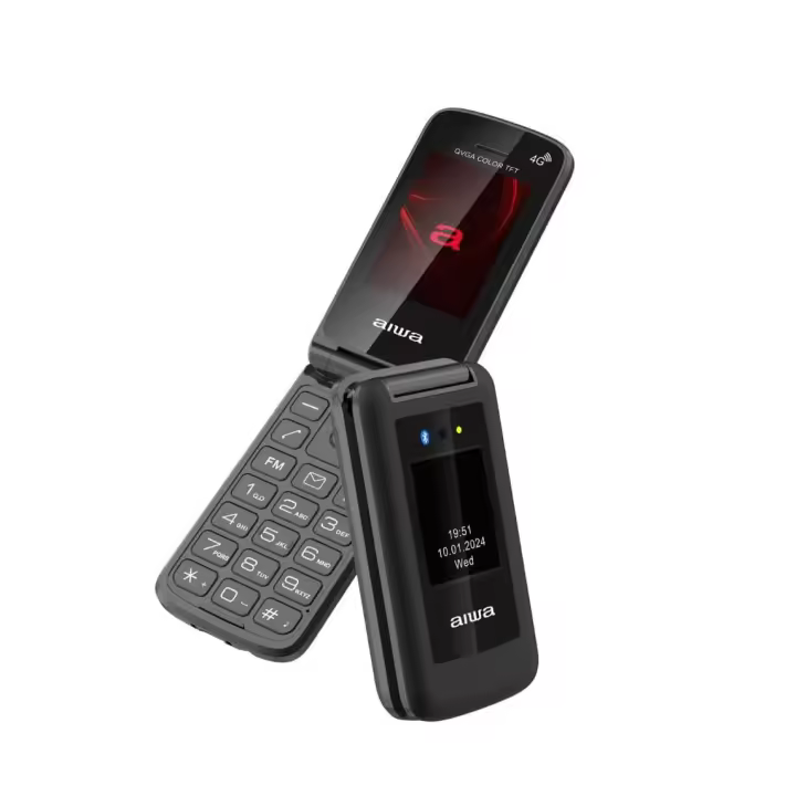 Aiwa FP-30-2G – Móvil 2G con Tapa, Dual SIM, Bluetooth 3.0, Pantallas duales 2.4″ + 1.77″, Radio FM, Botón SOS y Linterna – Color: Negro. - 1