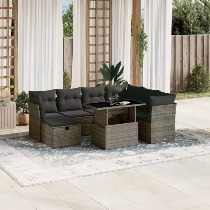 Sofá de Jardín de 8 piezas con cojines grises en Polyrattan - 1