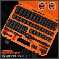 Llaves pistola de Impacto, Llave pistola neumática, Pack de 50 Piezas, Métrica y SAE 3/8", Punto de 6, Acero Cr-V (Cromo-Vanadio) Mango de Trinquete de 3/8" con Barra de Extensión y Junta Universal - EasySpeed - details 0