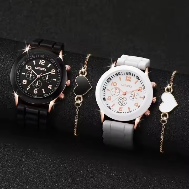 Reloj De Cuarzo De Lujo Para Hombres Y Mujeres Con Correa De Silicona Fashion Simple Set De 4 Piezas Reloj Casual De Negocios Para Silver - 1