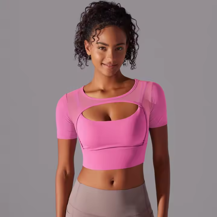 Camiseta de manga corta para Yoga, Top Sexy de Doble Capa, ropa de Malla empalmada, Sujetador Deportivo para correr y Fitness, Color sólido, Mujer - 1