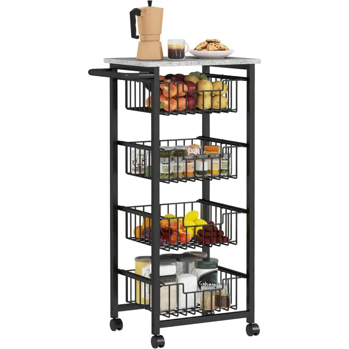 Carrito de Cocina Carrito Verdulero para Cocina con 4 Cestas Deslizables y Marco de Acero Carrito Auxiliar con Ruedas para Comedor 49,5x31x91 cm Gris Claro - 1