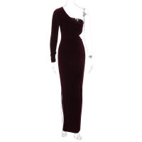 Vestido Dulzura De Veludo Largo Con Manga Completa Y Hombro Descubierto Para Mujer Elegante Y Sexy Con Abertura Lateral Adecuado Para Fiestas Y Noches De Otoño Y Invierno - details 6