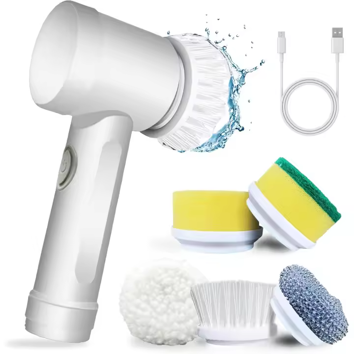 Giratorio Eléctrico with 5 Cabezales de Limpieza, Kit de Limpieza Automático para Baño de bañera, Cocina, Azulejo, Ventana, bañera, Plato, Fregadero - 1