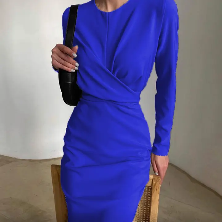 Vestido Largo Elegante Para Mujer Con Cintura Ajustada Y Hips Slim Estilo Retro Francés Para Otoño Vestido De Oficina Con Cuello Redondo Y Mangas Largas - 1