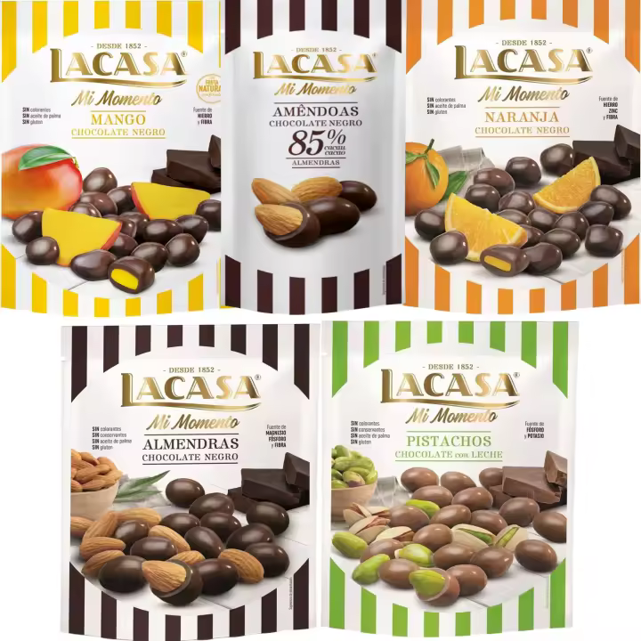Lacasa Mi Momento pack de 5:Almendra 85% 65G,Almendra choco Negro 125G,Naranja choco Negro 125G,Pistacho Leche 100G,Mango choco Negro 115G - 1