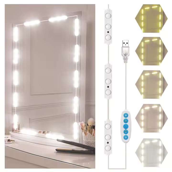 Espejo De Maquillaje Con Luces LED USB 5V Iluminación Ajustable De 5 Colores Para Baño Y Mesa De Vestir Hollywood LED - 1
