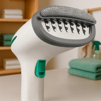 Plancha de vapor vertical Jocca con mango ergonómico para eliminar arrugas, desinfectar y desodorizar la ropa. 1500W de potencia, sistema anti goteo, calienta en 45 segundos, capacidad de 280 ml, pesa solo 1kg y viene con accesorios - details 2