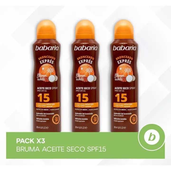 Babaria Pack 3x Bruma Aceite Seco SPF15: Bruma Solar Autobronceador Corporal 200ml - 1