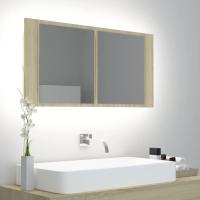 vidaXL Armario espejo baño luz LED acrílico 90x12x45 cm en color Gris hormigón/Marrón roble/Negro y más | almacenamiento funcional diseño moderno para baño dormitorio sala - details 7