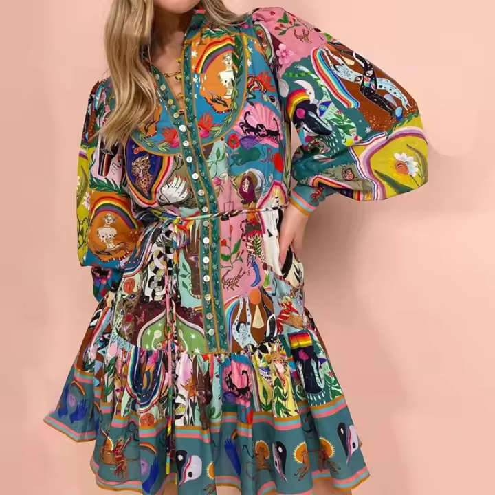 Vestido Verde Mujeres 2024 Estampado Verano Cuello Redondo Corbata Cinturón Plisada - 1