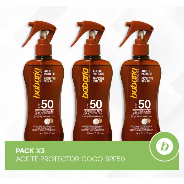 Babaria Pack 3x Aceite Protector Coco SPF50: Protección Solar, Potenciador del Bronceado y Absorción Inmediata para una Piel Perfecta - 1