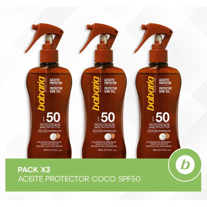 Babaria Pack 3x Aceite Protector Coco SPF50: Protección Solar, Potenciador del Bronceado y Absorción Inmediata para una Piel Perfecta - 1