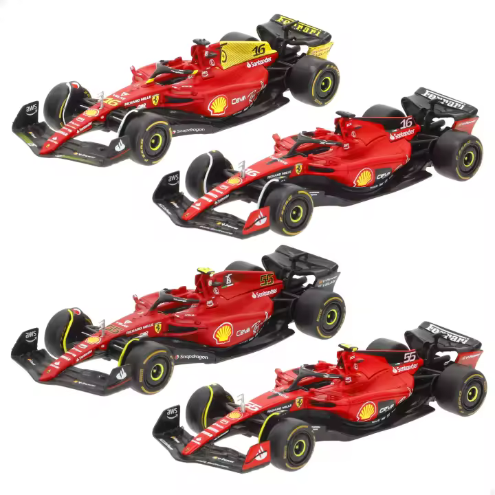 Burago - Set de 4 coches Ferrari F1-75 y SF-23 escala 1:43, réplicas de los vehículos de Charles Leclerc y Carlos Sainz, temporadas 2022 y 2023, diseño detallado y realista, acabados de alta calidad, licencia oficial y presentación en caja expositora - 1