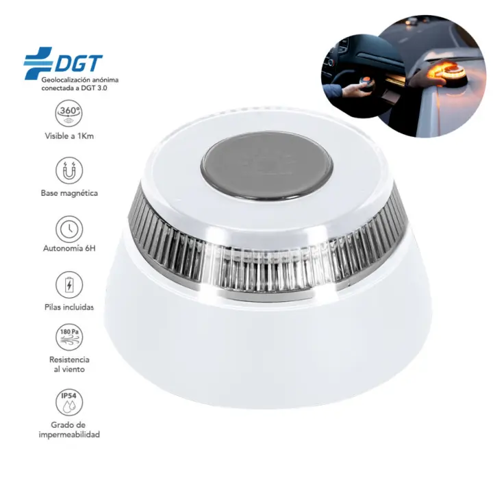 RegaloVip.es - Baliza emergencia V16 conectada con geolocalización,DGT 3.0, baliza blanca, luz de emergencia homologada, conectada y autorizada por DGT, señal V16 con pilas incluidas, conectividad Telefonica datos hasta 2038,vision 360 grados - 1