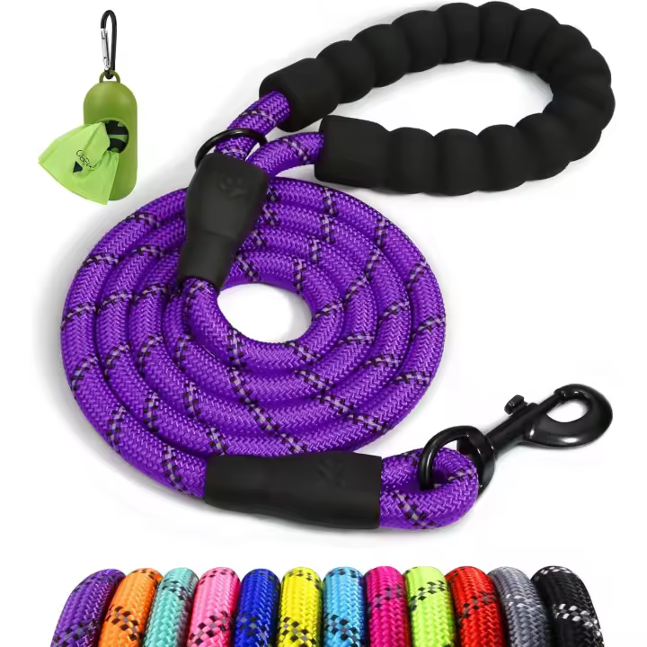 Correa de cuerda para perros con asa acolchada suave, reflectante, multicolor, 1,2 m, para perros medianos y grandes, 1,2 cm, color morado - 1