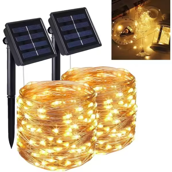 Luces solares de cadena para uso al aire libre, [2 unidades] 12M 100 LED luces solares de cadena, 8 modos impermeables luces decorativas de alambre de cobre, para jardín, balcón, patio - 1