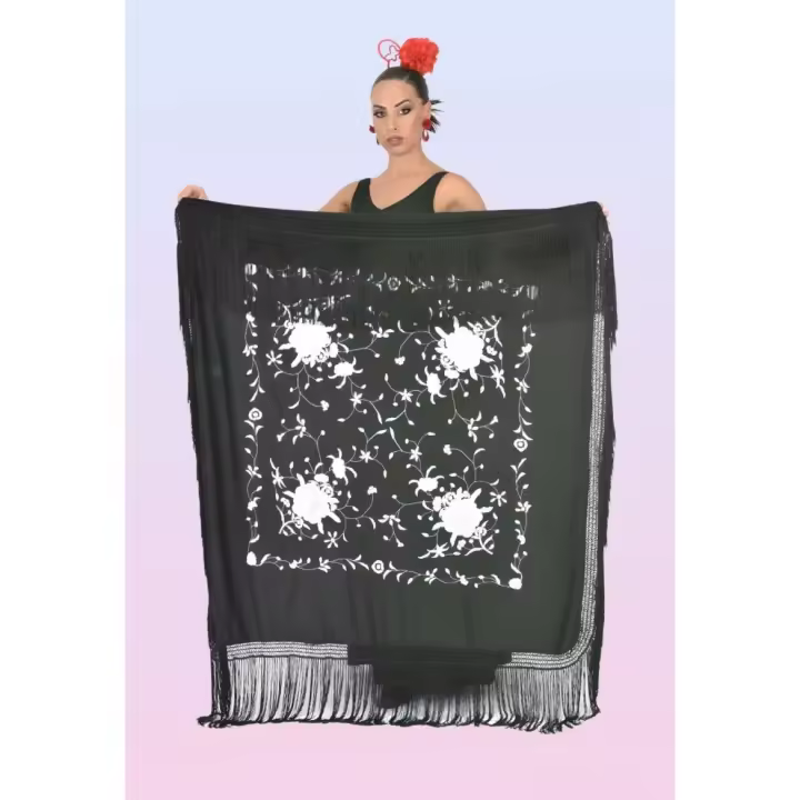 ANUKA Manton de Manila Cuadrado para Baile Flamenco Rojo/Negro con Flores Bordadas y Flecos Largos Talla Grande 120x120cm - 1