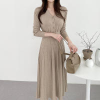 Vestido De Suéter Tejido Para Mujer Estilo Vintage A-Line Cuello V Manga Regular Botones Mid-Calf Talla Suave Otoño Invierno - details 1