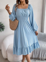 Vestido A-Line De Mujer Elegante Otoño Invierno Color Sólido Cuello Cuadrado Manga Larga Volantes Vestido Midi Casual Polyester Spandex - details 5