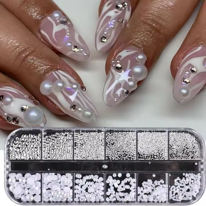1Caja De Perlas 3D Para Uñas Blancas Con Diamantes Decoración De Tamaños Mixtos Para Arte De Uñas Belleza Encantos De Uñas Para DIY Manicura - 1