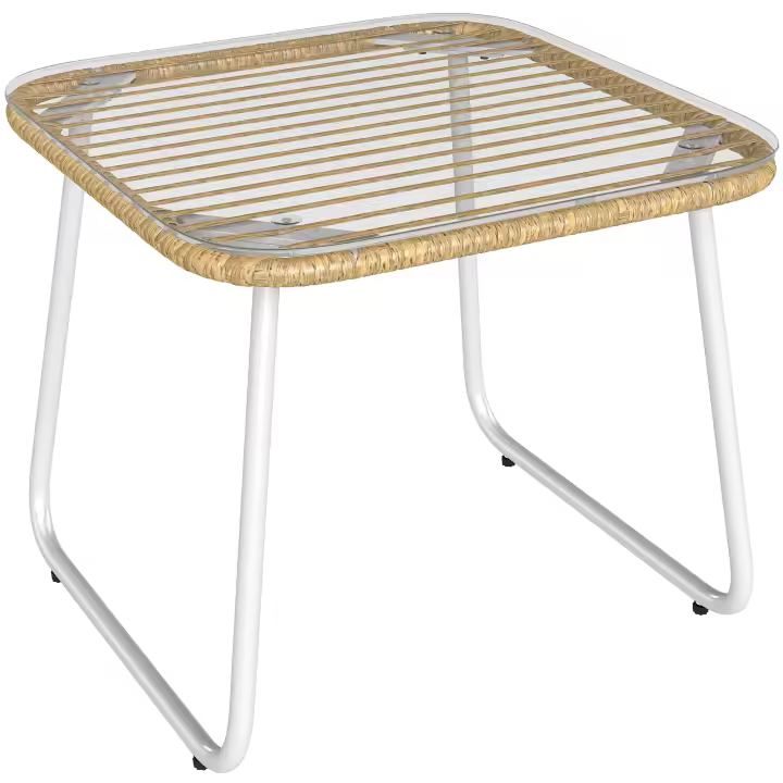 Outsunny Mesa de Jardín de Ratán Sintético Mesa para Exterior con Encimera de Vidrio Templado y Patas Ajustables Mesita Auxiliar para Patio Terraza Balcón Natural y Blanca - 1