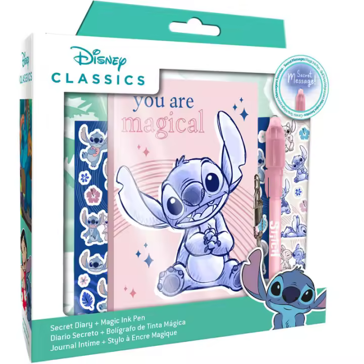 Disney, Diario Secreto Stitch, Tapa Dura, Con Candado y Llave + Bolígrafo Mágico, Color Rosa, 23,5 x 22 x 5 cm. Kiglam - 1