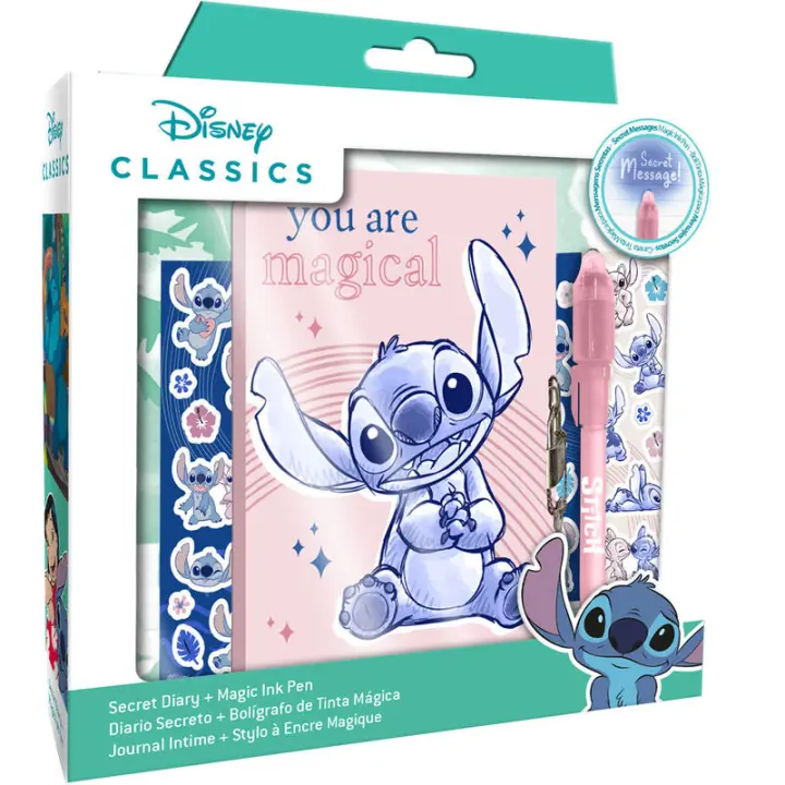 Disney, Diario Secreto Stitch, Tapa Dura, Con Candado y Llave + Bolígrafo Mágico, Color Rosa, 23,5 x 22 x 5 cm. Kiglam - 1