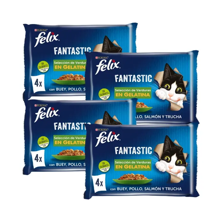 FELIX - Fantastic Gelatina (16x85 gr) - Comida Húmeda Selección de Verduras (Buey y Zanahoria, Pollo y Tomate, Trucha y Judías, Salmón y Calabacín) (4x4x85 gr) - 1